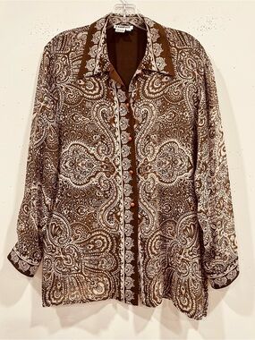 Vintage EXQUISITE Paisley Print 100% Silk Button Up Blouse  Brown Tan Size L